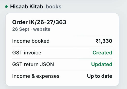 Hisaab Kitab entry: income booked, GST invoice created